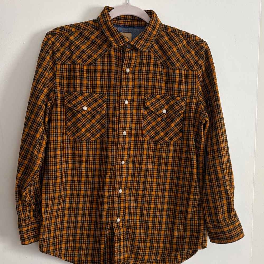 Men's Sears Roebuck Mustard Yellow & Black Plaid Shirt w/Snap Buttons. Size M